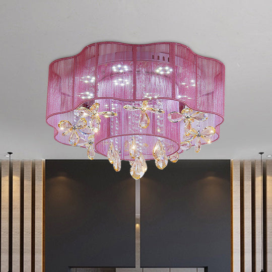 Led Flower Ceiling Light With Crystal Drops - Gold/Pink Modern 2 - Layer Fabric Mount Pink