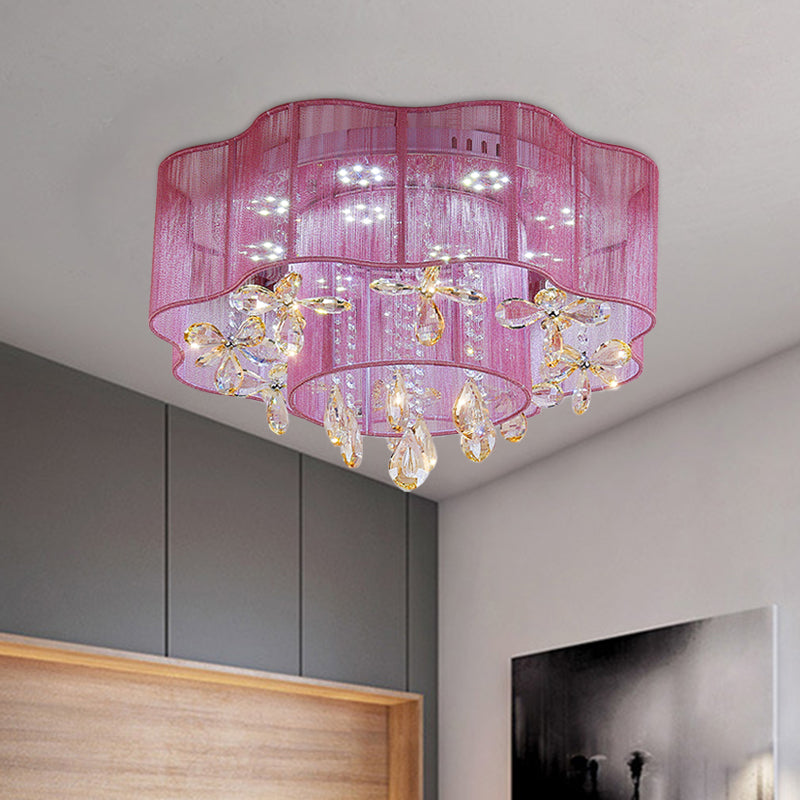 Led Flower Ceiling Light With Crystal Drops - Gold/Pink Modern 2 - Layer Fabric Mount