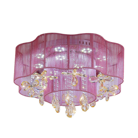 Led Flower Ceiling Light With Crystal Drops - Gold/Pink Modern 2 - Layer Fabric Mount