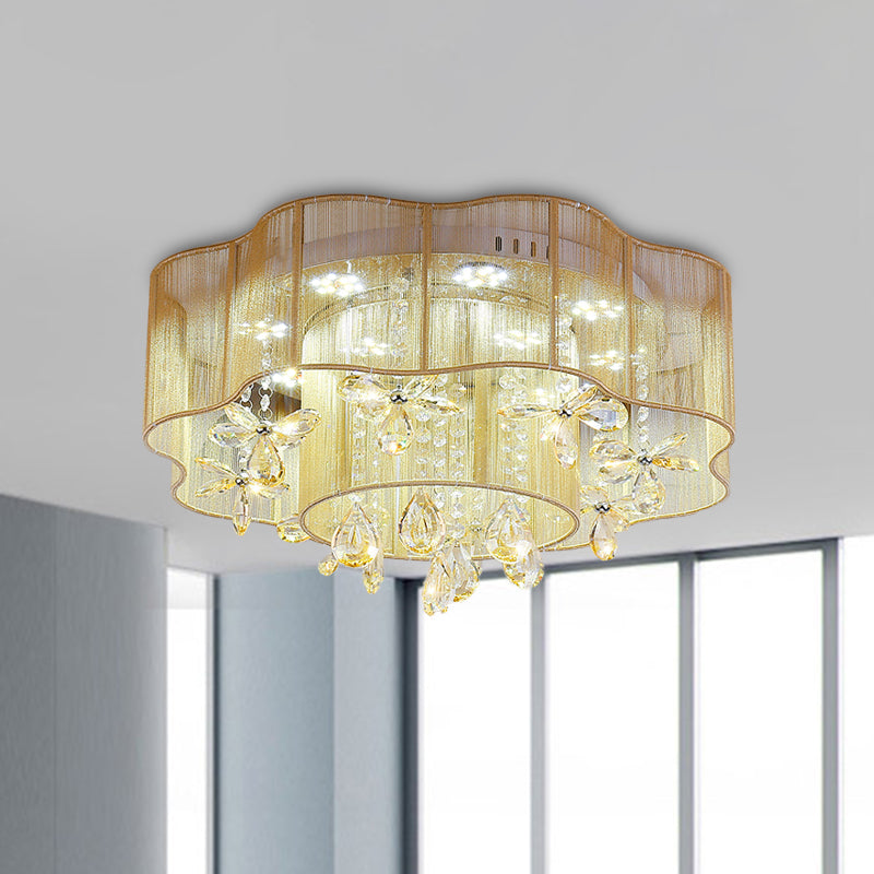 Led Flower Ceiling Light With Crystal Drops - Gold/Pink Modern 2 - Layer Fabric Mount Gold