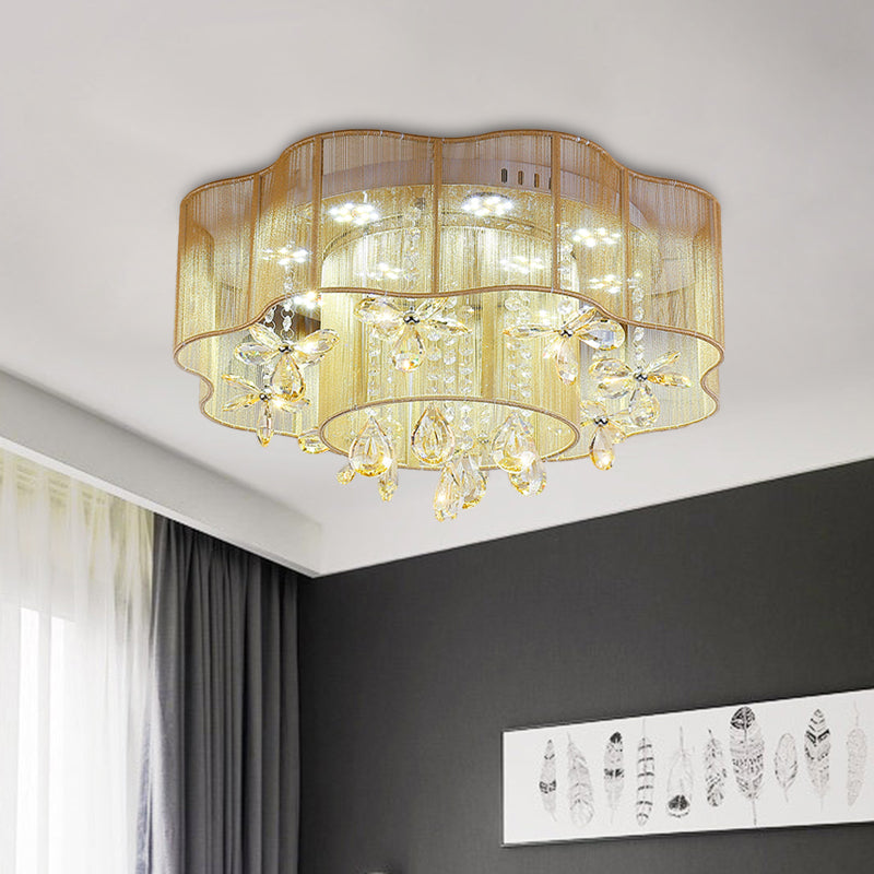 Led Flower Ceiling Light With Crystal Drops - Gold/Pink Modern 2-Layer Fabric Mount
