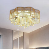 Led Flower Ceiling Light With Crystal Drops - Gold/Pink Modern 2-Layer Fabric Mount
