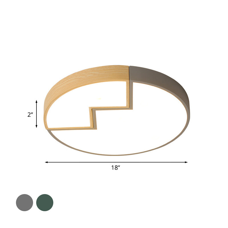 Stylish Round Macaron Flush Mounted Lamp In Grey/Green And Wood - Led Splicing Bedroom Lighting