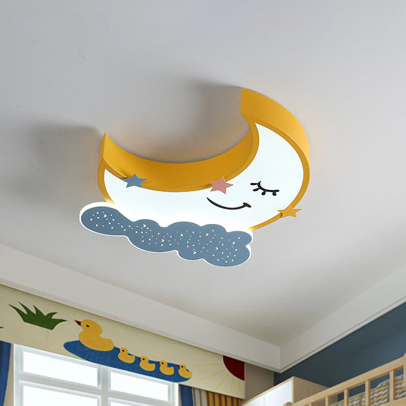 Yellow Moon And Cloud Led Flush Ceiling Light - Cartoon Metal Fixture