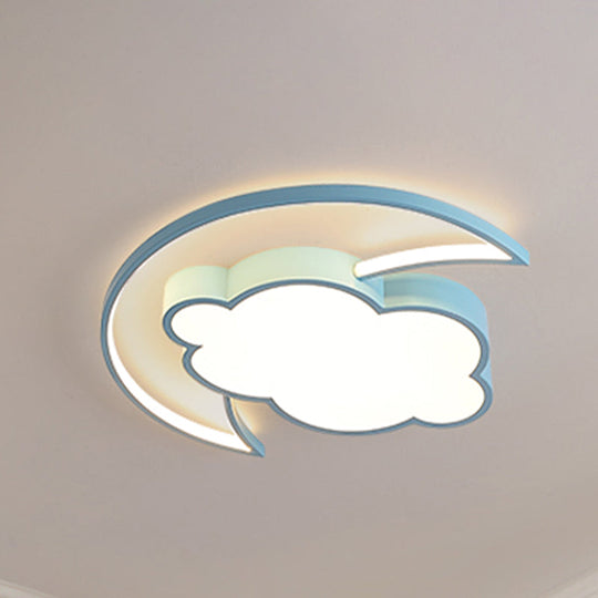 Kid’s Led Moon And Cloud Flushmount Ceiling Light In Blue/Pink