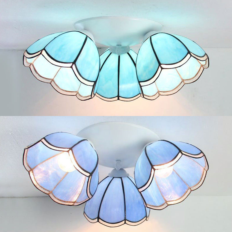 Vintage Stained Glass Ceiling Light Fixture - 3 - Light Industrial Domed Design In Blue Tones