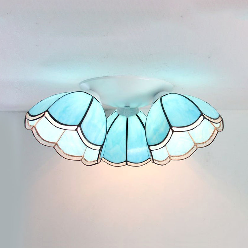 Vintage Stained Glass Ceiling Light Fixture - 3 - Light Industrial Domed Design In Blue Tones