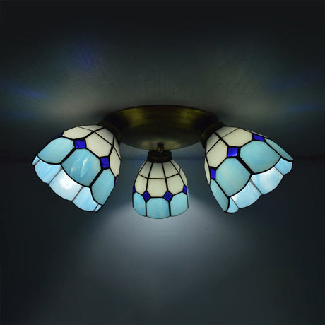 Tiffany Dome Stained Glass Ceiling Light - 3 Lights Flush Mount In Pink/Yellow/Orange/Sky Blue/Dark