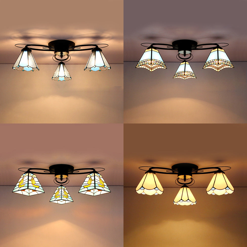 Retro Geometric Flushmount Ceiling Light With Stained Glass - White/Sky Blue/Clear/Dark Blue