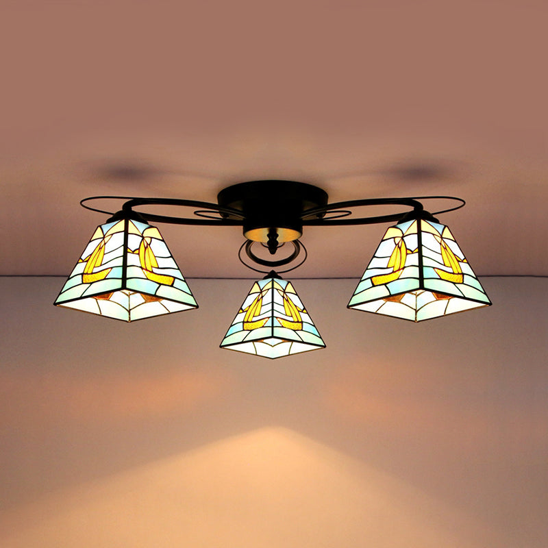Retro Geometric Flushmount Ceiling Light With Stained Glass - White/Sky Blue/Clear/Dark Blue