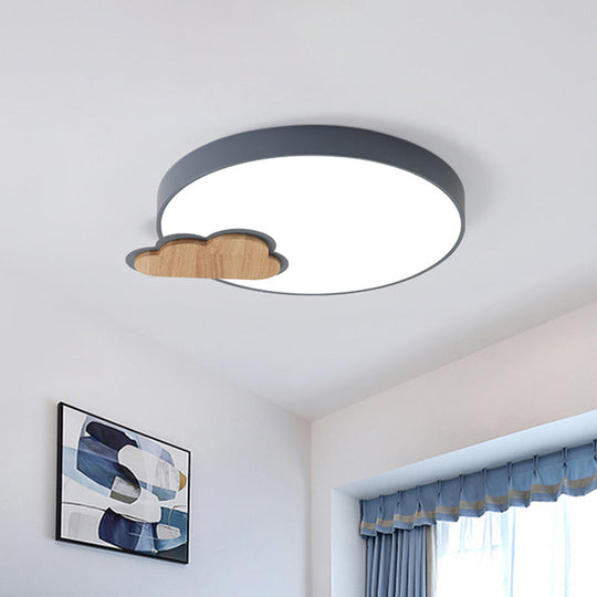 Circle Flush Macaron Led Ceiling Light With Grey/Green Finish And Cloud Wood Detail - White/Warm