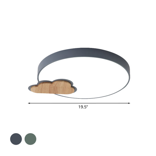 Circle Flush Macaron Led Ceiling Light With Grey/Green Finish And Cloud Wood Detail - White/Warm