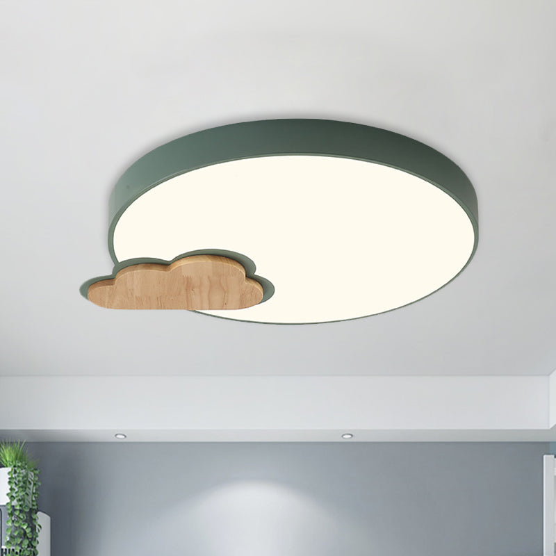 Circle Flush Macaron Led Ceiling Light With Grey/Green Finish And Cloud Wood Detail - White/Warm