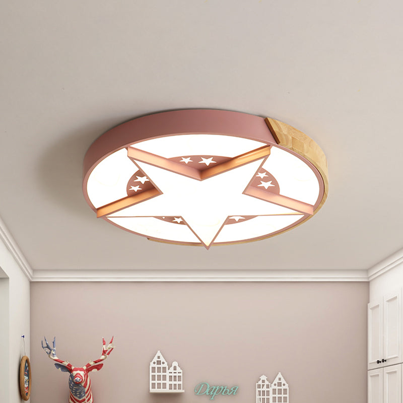 Round Metal Led Macaron Flush Mount Ceiling Light In White/Pink/Blue And Wood For Star - Themed