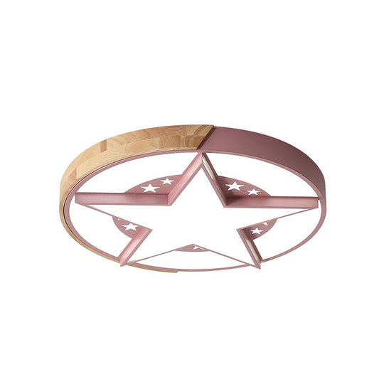 Round Metal Led Macaron Flush Mount Ceiling Light In White/Pink/Blue And Wood For Star - Themed
