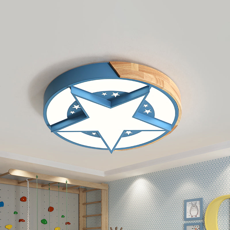 Round Metal Led Macaron Flush Mount Ceiling Light In White/Pink/Blue And Wood For Star-Themed