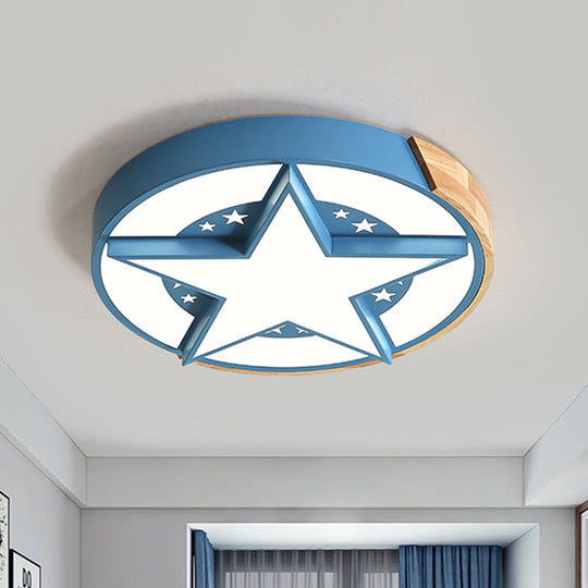 Round Metal Led Macaron Flush Mount Ceiling Light In White/Pink/Blue And Wood For Star - Themed