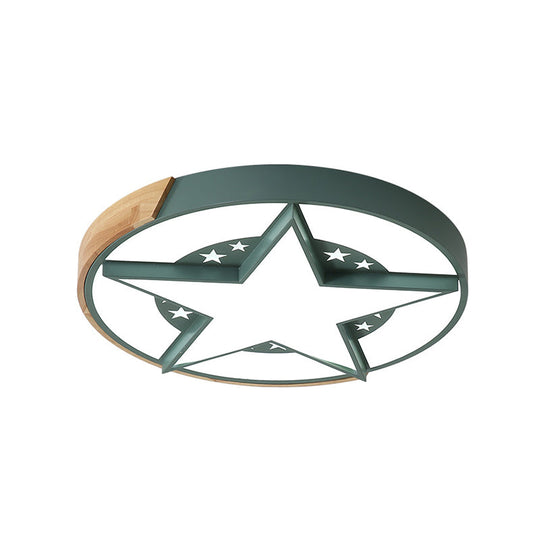 Round Metal Led Macaron Flush Mount Ceiling Light In White/Pink/Blue And Wood For Star-Themed