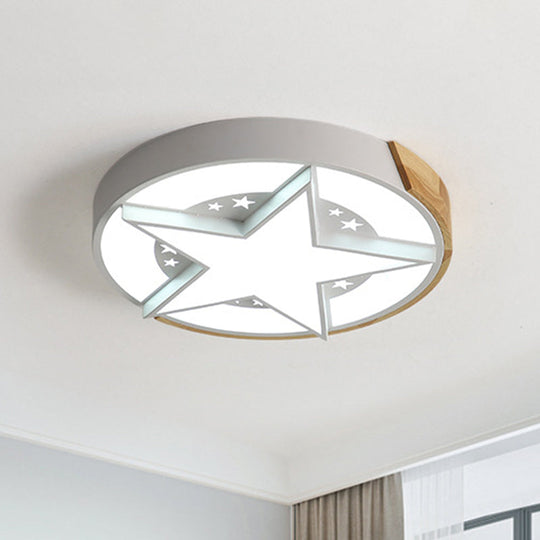 Round Metal Led Macaron Flush Mount Ceiling Light In White/Pink/Blue And Wood For Star - Themed