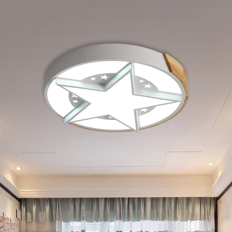 Round Metal Led Macaron Flush Mount Ceiling Light In White/Pink/Blue And Wood For Star - Themed