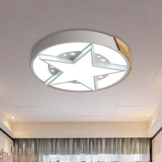 Round Metal Led Macaron Flush Mount Ceiling Light In White/Pink/Blue And Wood For Star-Themed
