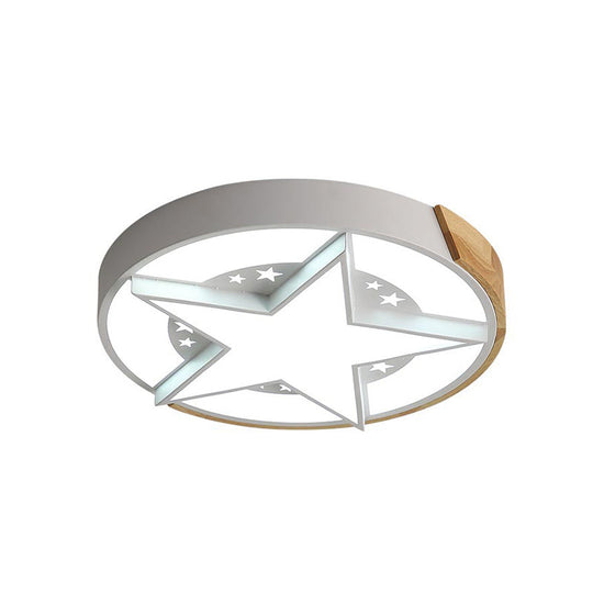 Round Metal Led Macaron Flush Mount Ceiling Light In White/Pink/Blue And Wood For Star - Themed