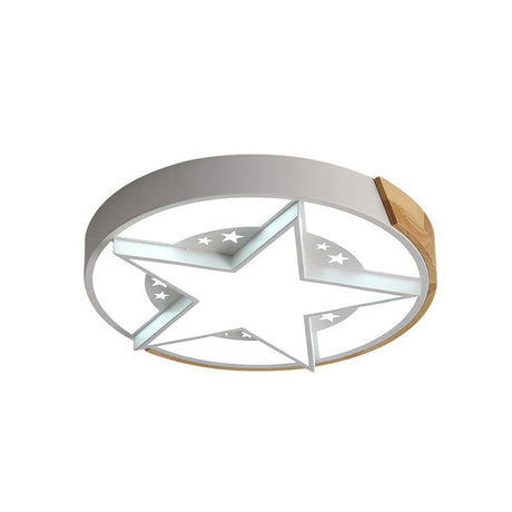 Round Metal Led Macaron Flush Mount Ceiling Light In White/Pink/Blue And Wood For Star-Themed