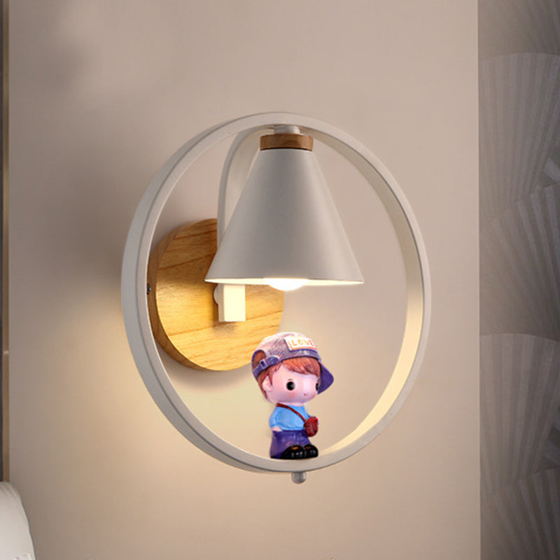 Nordic Metal Cone Shade Wall Lighting - 1 Light Black/White Finish Mount Lamp With Charming Boy Deco