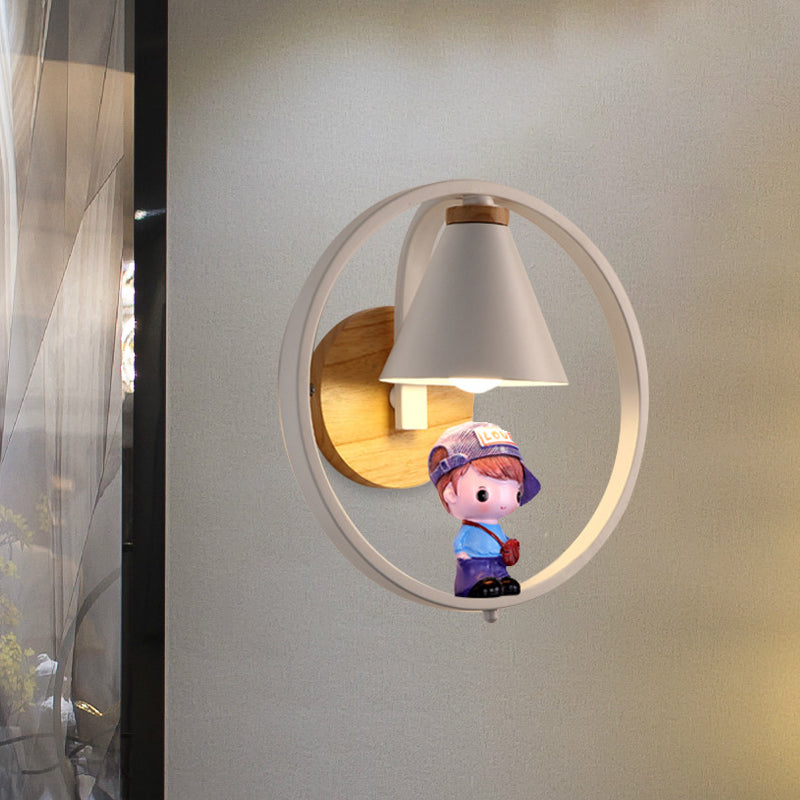 Nordic Metal Cone Shade Wall Lighting - 1 Light Black/White Finish Mount Lamp With Charming Boy Deco