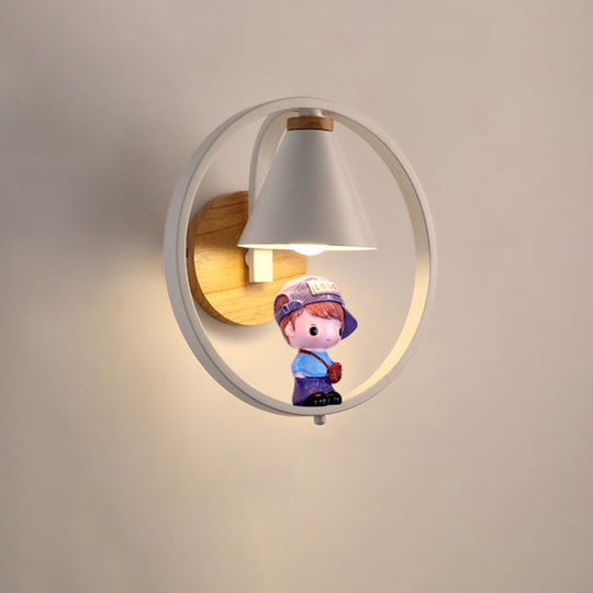 Nordic Metal Cone Shade Wall Lighting - 1 Light Black/White Finish Mount Lamp With Charming Boy Deco