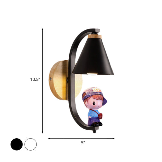 Nordic Metal Cone Shade Wall Lighting - 1 Light Black/White Finish Mount Lamp With Charming Boy Deco