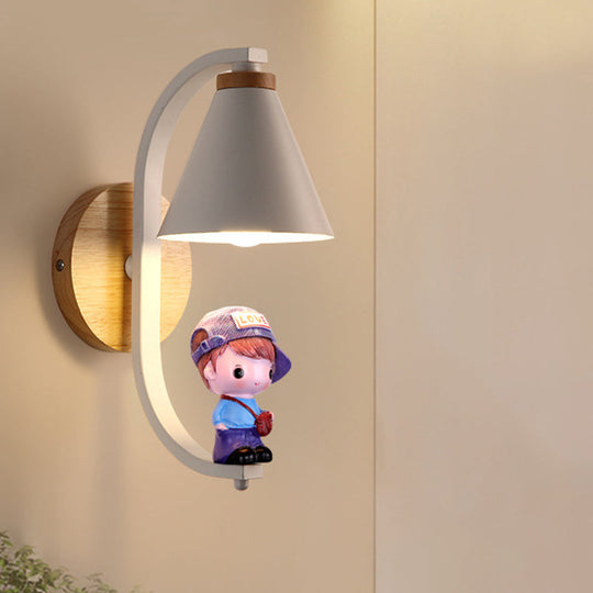 Nordic Metal Cone Shade Wall Lighting - 1 Light Black/White Finish Mount Lamp With Charming Boy Deco