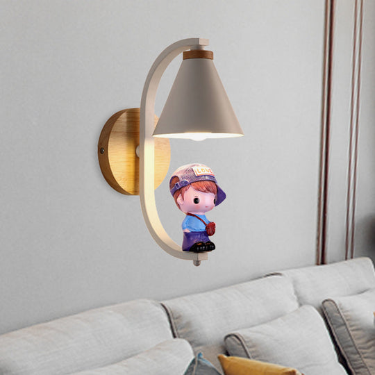 Nordic Metal Cone Shade Wall Lighting - 1 Light Black/White Finish Mount Lamp With Charming Boy Deco