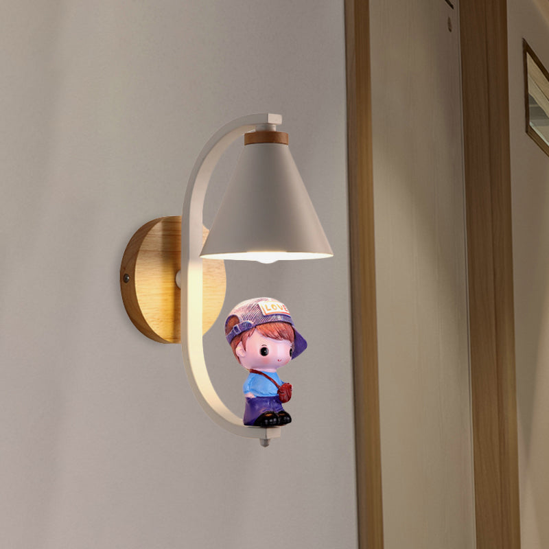 Nordic Metal Cone Shade Wall Lighting - 1 Light Black/White Finish Mount Lamp With Charming Boy Deco