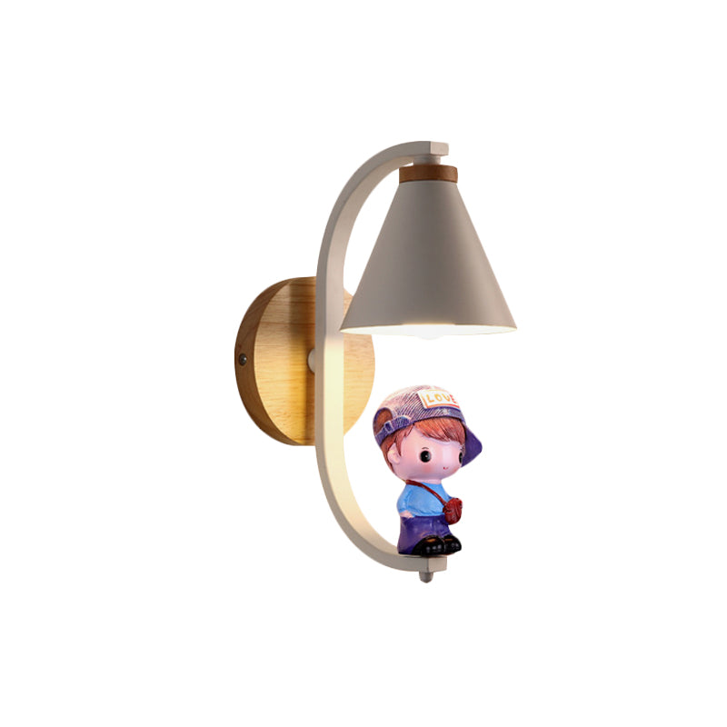 Nordic Metal Cone Shade Wall Lighting - 1 Light Black/White Finish Mount Lamp With Charming Boy Deco