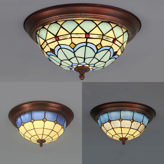 Lodge Stained Glass Bowl Ceiling Light Fixture - 1 Bulb Flushmount In Blue & White