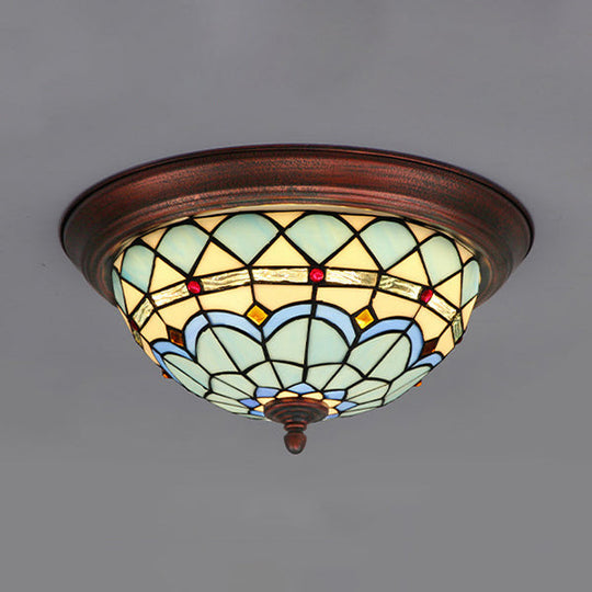 Lodge Stained Glass Bowl Ceiling Light Fixture - 1 Bulb Flushmount In Blue & White