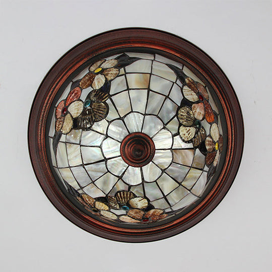 Vintage Beige Stained Glass Flushmount Ceiling Light With Flower Pattern - 1 Bulb