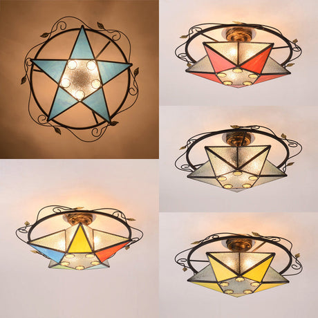 Tiffany Vintage Stained Glass 5 Pointed Star Ceiling Light - Semi Flush Mount In Multi-Color