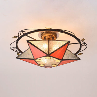 Tiffany Vintage Stained Glass 5 Pointed Star Ceiling Light - Semi Flush Mount In Multi-Color Orange