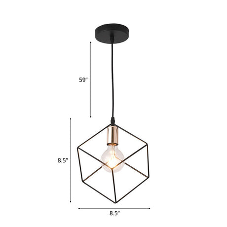Retro Style Black Metal Cage Ceiling Light Fixture For Living Room - 1 Square Hanging
