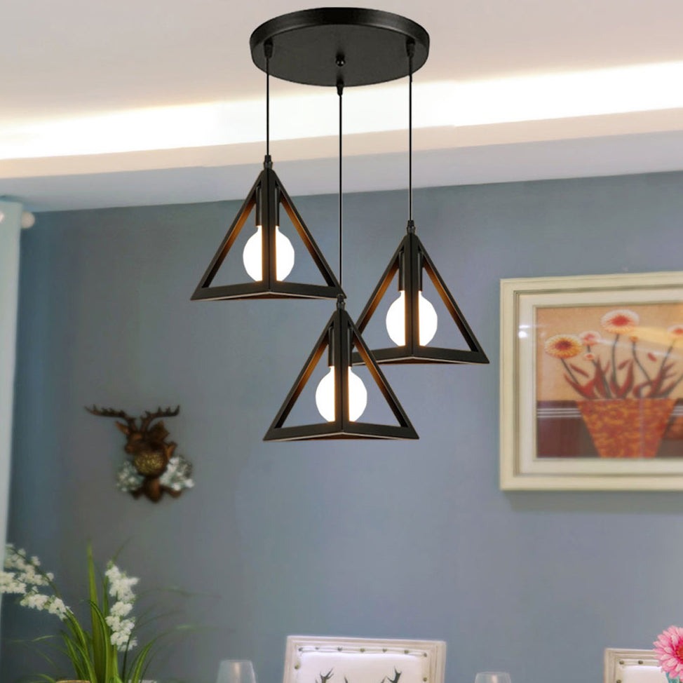 Retro Industrial Hanging Lamp With 3 Triangle Metallic Heads And Wire Guard In Black/White Black /