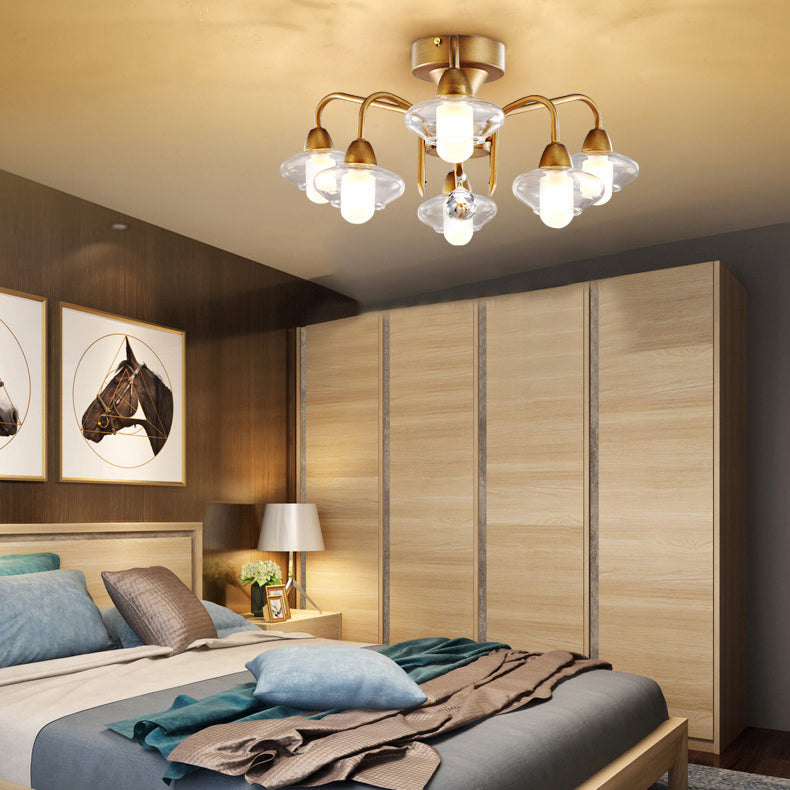 Frosted White Glass Semi Flush-Elliptical Modern Light Fixture With 6 Brass Bulbs For Bedrooms