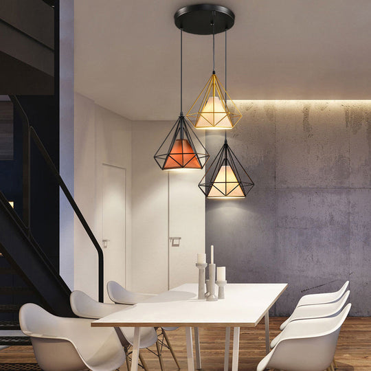 Industrial Metal Pendant Light With Diamond Cage Design - 3 Bulbs Yellow/Black For Dining Room