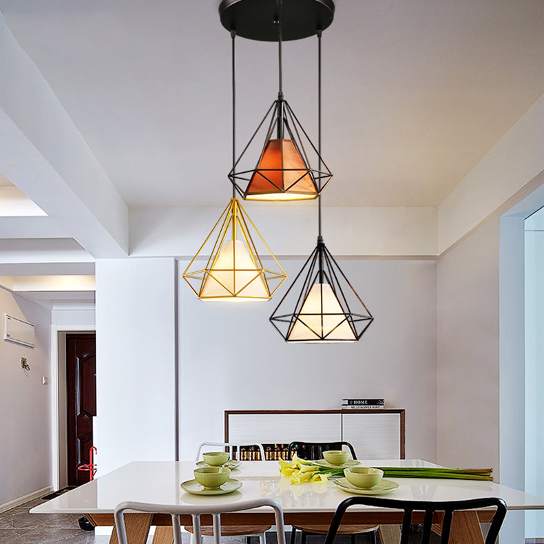 Industrial Metal Pendant Light With Diamond Cage Design - 3 Bulbs Yellow/Black For Dining Room
