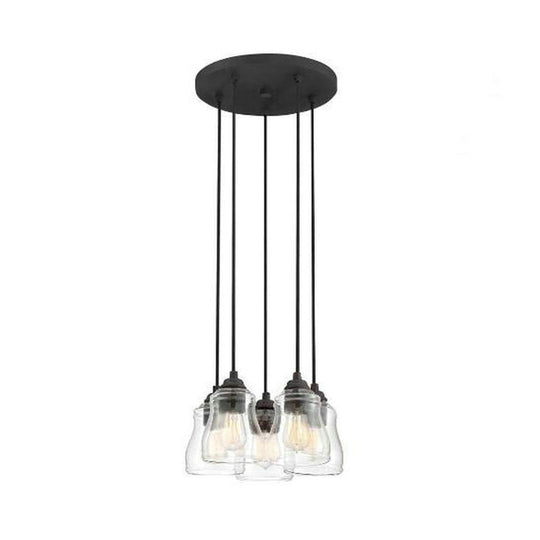 Rustic 5-Light Clear Glass Multi Pendant Hanging Light For Dining Room With Curved Shade And Round