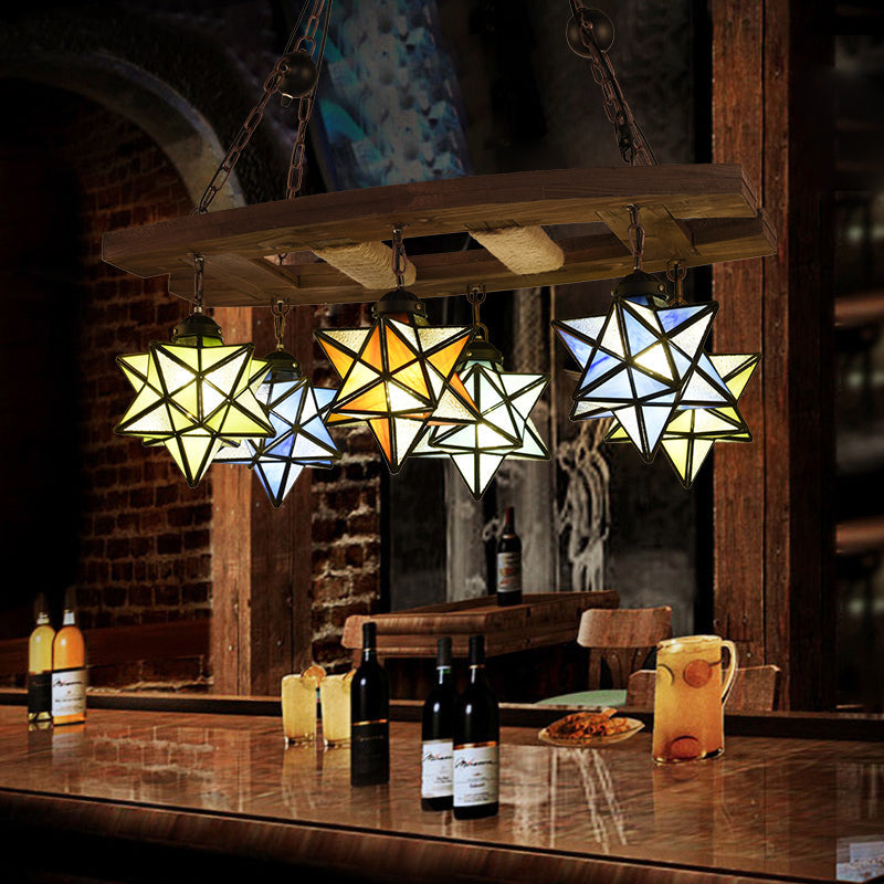 Rustic Stained Glass Star Chandelier With 6 Multi-Color Lights - Perfect For Bars And Lofts Rust