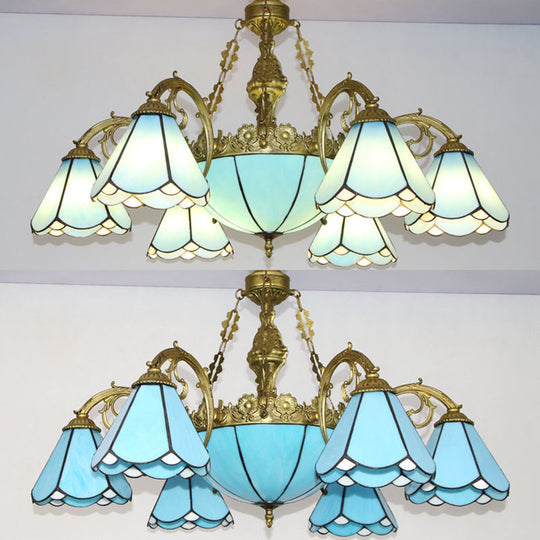 Luminaire suspendu conique vintage avec abat-jour en verre bleu pour salon traditionnel