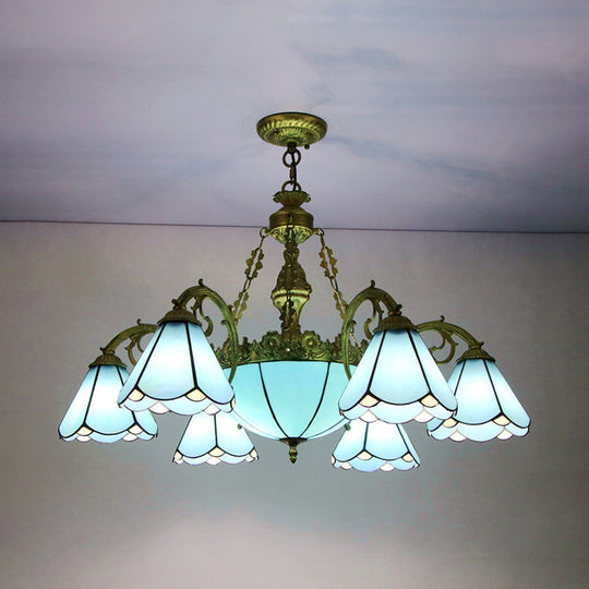 Luminaire suspendu conique vintage avec abat-jour en verre bleu pour salon traditionnel