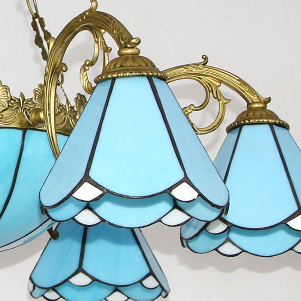 Luminaire suspendu conique vintage avec abat-jour en verre bleu pour salon traditionnel
